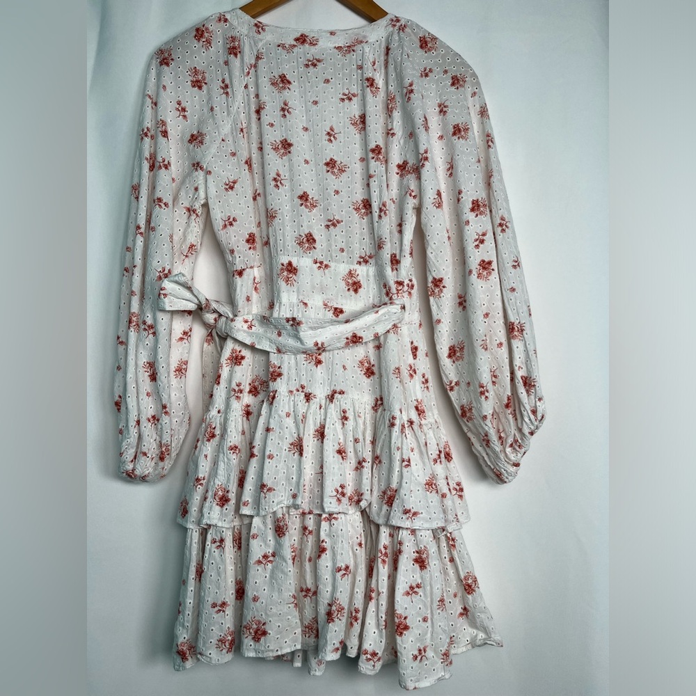 Maia Bergman Ines Ruffled Floral Eyelet Mini Wrap Dress White /Pink Size XL - Picture 6 of 10
